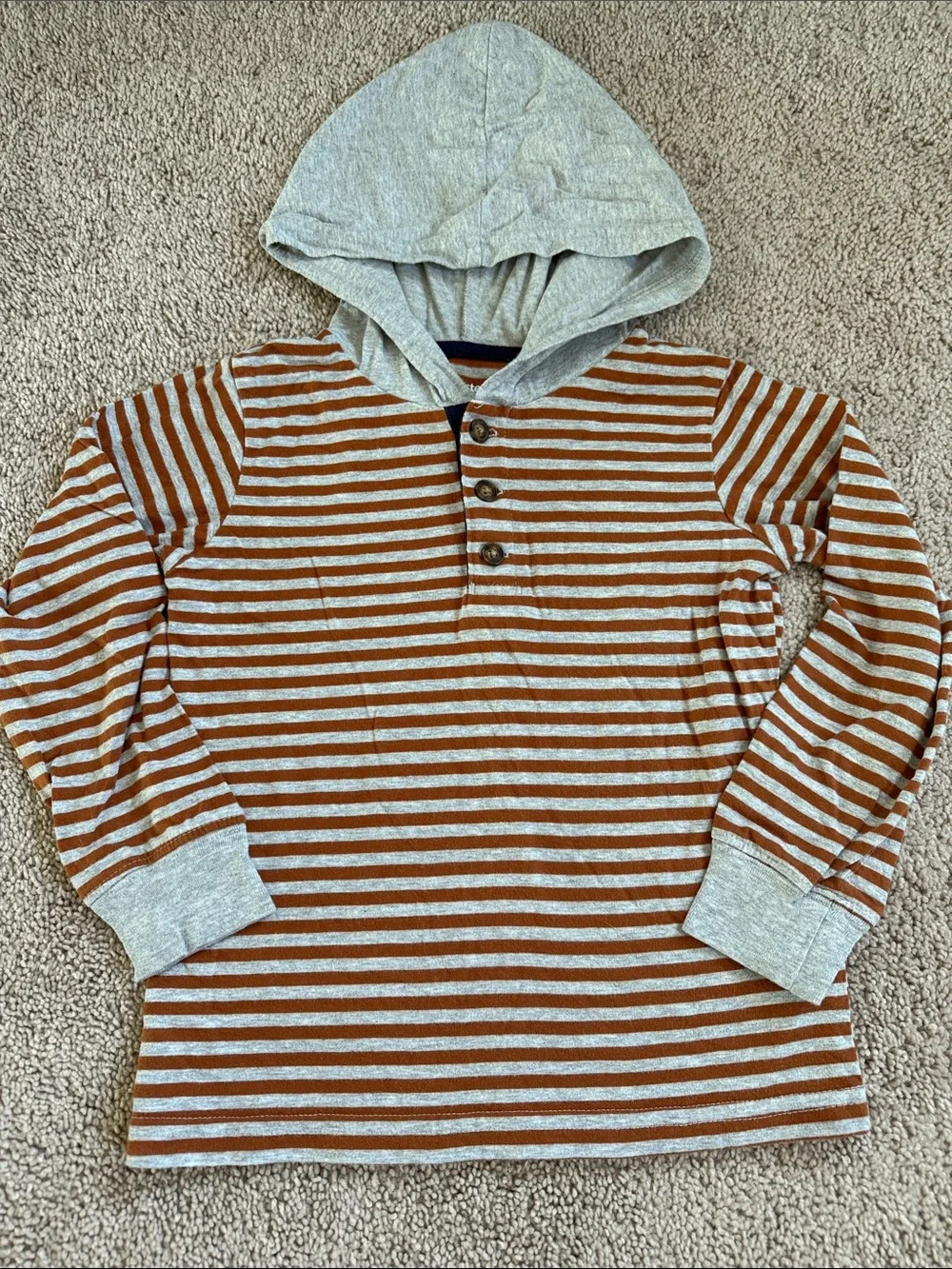 Kids Size 5 Hooded Long-Sleeve Striped Henley Top - Rust & Heather Gray